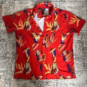 Retro Rifle Scarface Vibrant Red Tiger Print Casual Shirt
